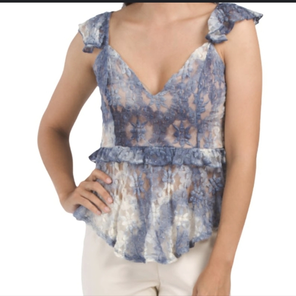 EUC Absolute Angel Blue and White Lace Ruffle Peplum Top Blouse Shirt